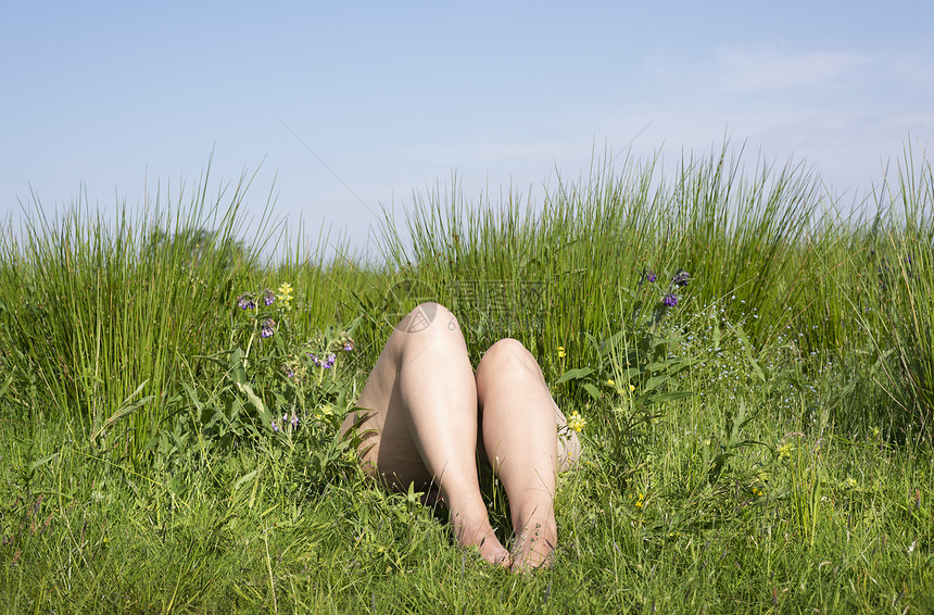 荷兰弗赖斯州西亚湖区小岛春季妇女躺在草地上支起的腿图片