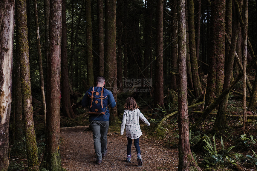 父亲和女儿在加拿大托菲诺森林远足图片