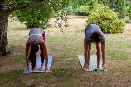 男人和女在花园里做瑜伽弯腰图片