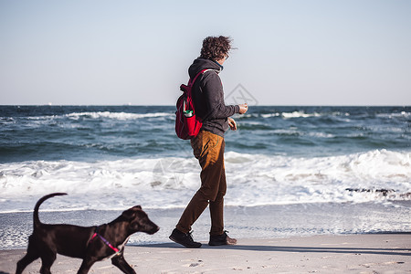 乌克兰奥德萨斯塔州萨的海滩上牵着狗的成年男子图片