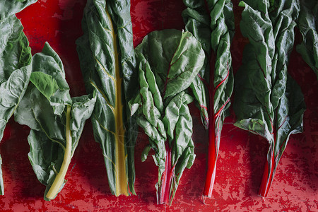 红色背景上的蔬菜叶图片