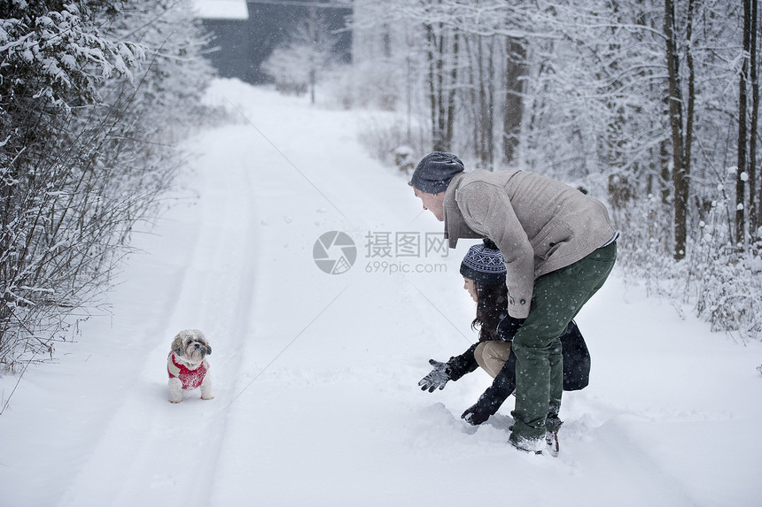 在加拿大安略省雪覆盖森林中玩狗的年轻夫妇图片
