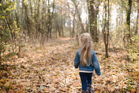 小女孩走在森林的落叶上图片