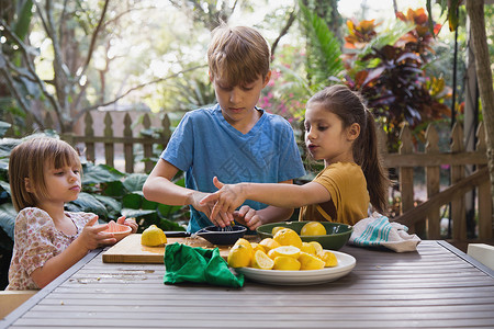 男孩和两个妹妹在花园桌边准备柠檬汁图片