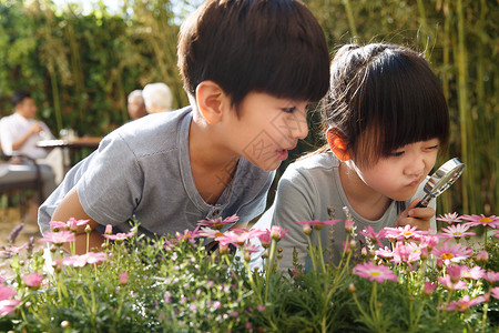 孩子花园幸福的家庭在庭院里避暑背景