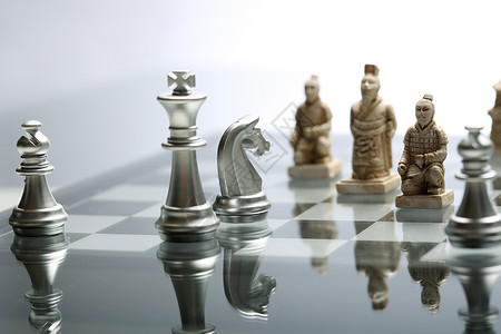 图像融合寓意中欧在国际象棋下的对弈背景