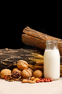 核桃花生牛奶饮食麦穗大量物体坚果和牛奶背景