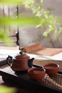 绿叶PNG中式饮用茶具背景