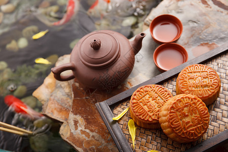 皮器东亚水平构图元素静物月饼和茶具背景