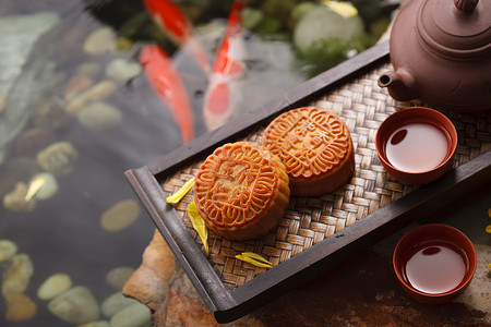 紫砂壶食物状态甜点心静物月饼和茶具高清图片