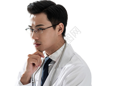 手托下巴正在思考的医生图片外科医生青年男医生肖像背景