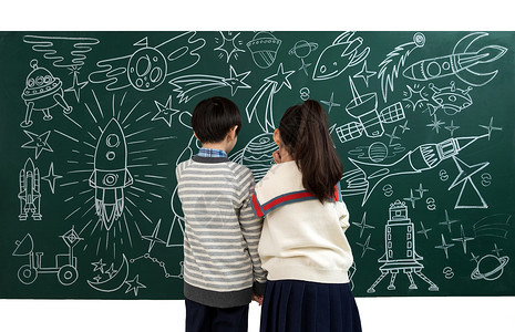 宇宙女孩同学渴望火箭快乐儿童研究黑板上的宇宙漫画背景