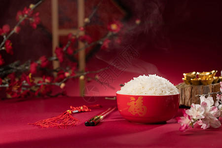 水彩桃花元素美味桃花无人传统特色热腾腾的米饭背景