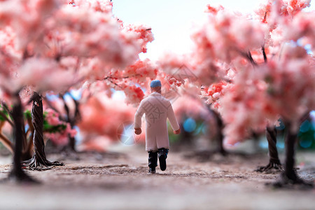 白大褂粉色樱花树下的医护人员的背影背景