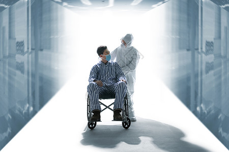 康复健康保健工作人员医务工作者推着坐轮椅的患者图片