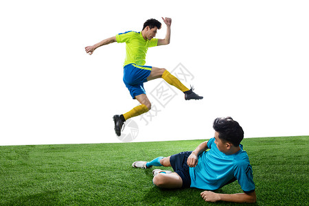 黄球两名足球运动员踢球背景