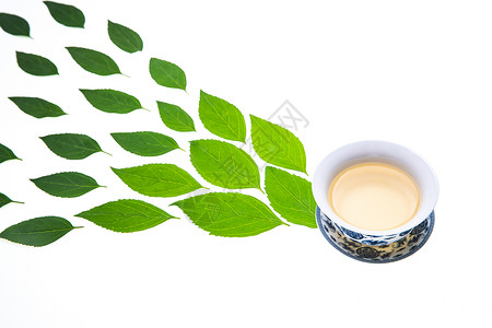 免抠树叶素材叶脉纹理绿色的茶叶和茶杯背景