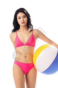 打排球美女背景分离彩色图片优雅拿沙滩球的比基尼美女背景