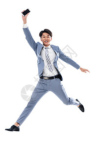全身像便利办公室职员拿着手机奔跑跳跃的商务男士图片
