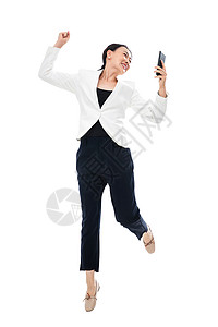 正装35岁到39岁拍照拿着手机兴奋的商务女士图片