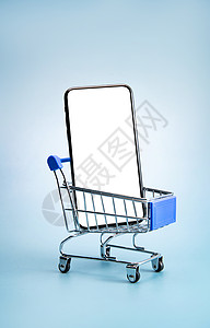 手机智能网上购物智能手机购买购物车和空白屏幕的手机背景