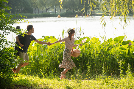 荷叶池塘的女孩浪漫手牵手郊游的幸福情侣背景