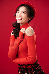 帽子自由节日穿红色衣服的青年女人肖像图片