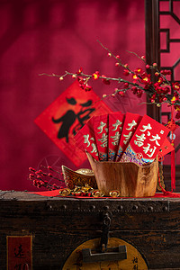 新年文字背景节日影棚拍摄运气红包和金元宝背景