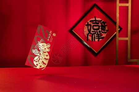 免抠梯子春节红色装饰品红包背景