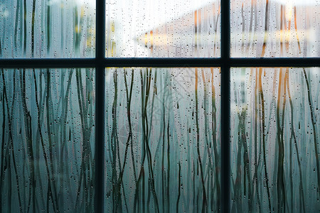 格子透明素材无人雨后的窗户背景