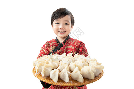 留白的饺子乐趣人元素小男孩过年包饺子背景
