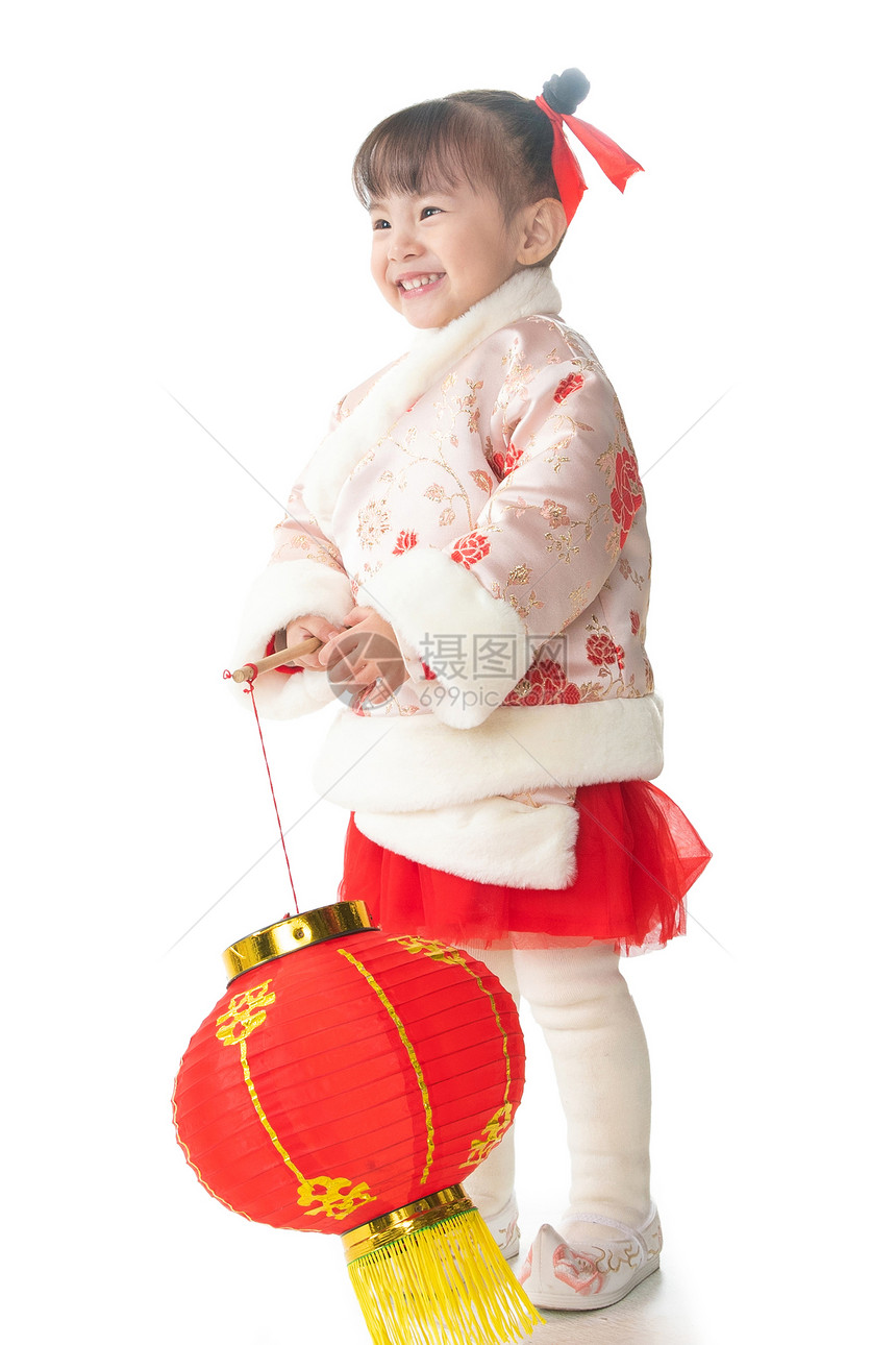 快乐春节喜庆可爱的小女孩拿着红灯笼图片
