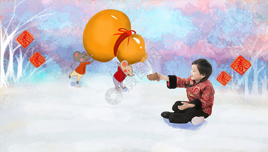 可爱卡通气球数码合成唐装新年前夕小男孩过年坐在地上喝酒背景