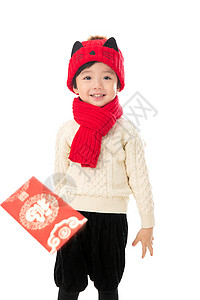 放松毛衣展示可爱的小男孩过年拿红包图片
