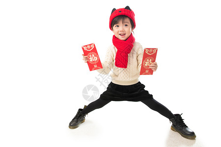 欢乐人童年可爱的小男孩过年拿红包高清图片