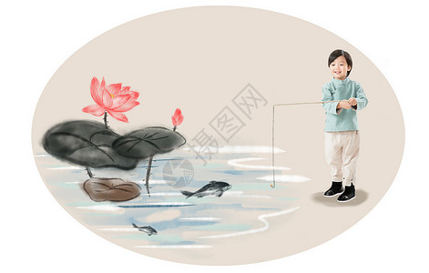 荷花插画风格快乐小男孩在河边钓鱼背景
