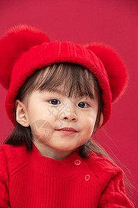 红色东方人喜庆穿红衣戴红帽的可爱小女孩图片