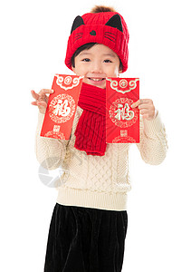 传统庆典快乐展示可爱的小男孩过年拿红包图片
