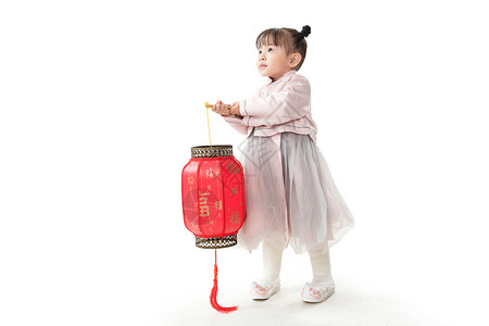 传统服装全身像童年可爱的小女孩拿着红灯笼图片