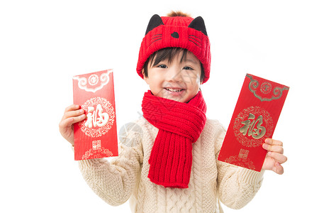 鼠年愿望愉悦休闲装传统庆典小男孩过年穿新衣服拿红包背景