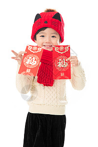 欢乐购文字红色传统节日影棚拍摄可爱的小男孩过年拿红包背景