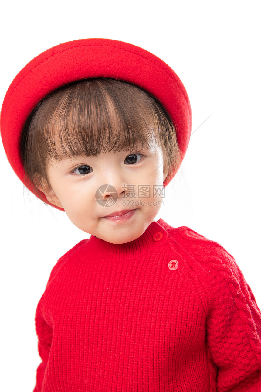 气氛帽子春节穿红衣戴红帽的可爱小女孩图片