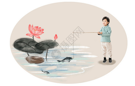 蓝色鱼卡通元素传统小男孩在河边钓鱼背景
