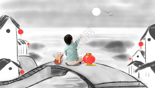 卡通元宵节素材有趣的传统服装图像处理小男孩坐在桥上看月亮背景