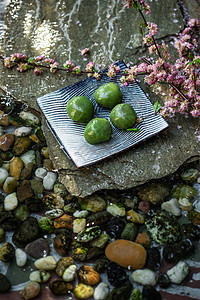 水石板清明植物新鲜水面上的青团和桃花枝背景