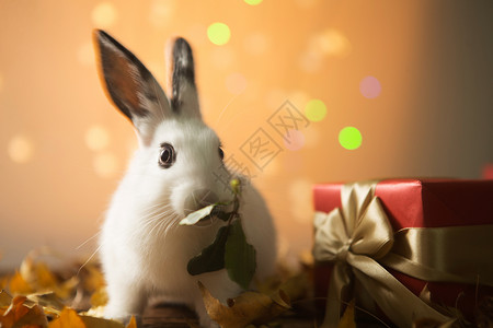 戴蝴蝶结的兔子一只动物礼物家兔可爱的小兔子背景