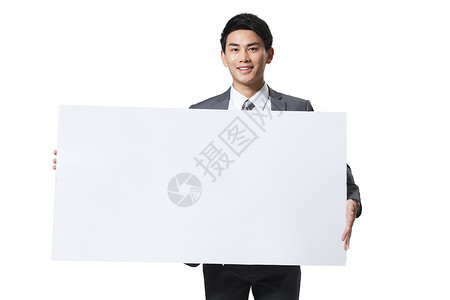 签到成功提示界面设计亚洲表现积极着装得体商务青年男人拿着白板背景