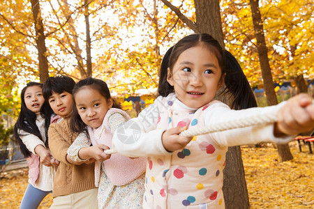 秋天可爱的小学生在拔河比赛图片