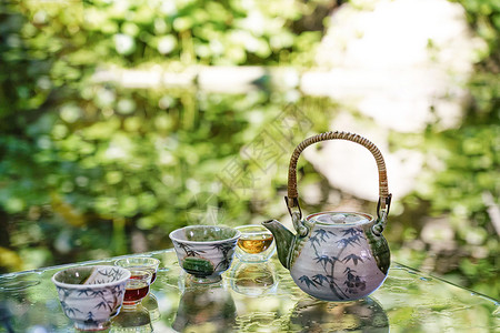 夏天免抠图夏天室外的茶具背景