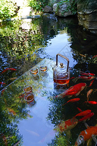 夏日荷塘上的荷叶茶具图片